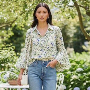 Tuckernuck Norah Blouse Ivory Blue Floral Bell Sleeve Top XS NWT